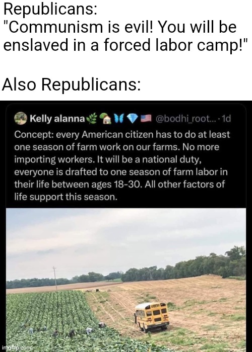 Republican suggests to inflict something on Americans as tyrannical as Mao's "Great Leap Forward" with forced labor farms | Republicans: 
"Communism is evil! You will be enslaved in a forced labor camp!"; Also Republicans: | image tagged in conservative hypocrisy,tyranny,slavery,communism,mao zedong,conservatives | made w/ Imgflip meme maker