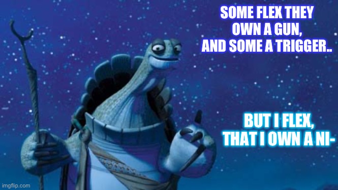 Totally a ninja | SOME FLEX THEY OWN A GUN, AND SOME A TRIGGER.. BUT I FLEX, THAT I OWN A NI- | image tagged in master oogway | made w/ Imgflip meme maker