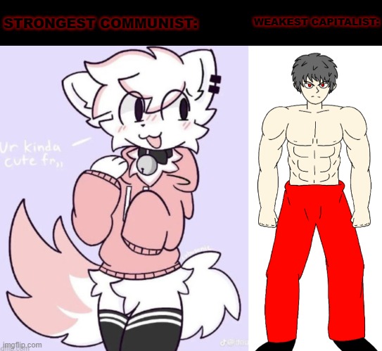 WEAKEST CAPITALIST:; STRONGEST COMMUNIST: | image tagged in boykisser glow up,buff mepios | made w/ Imgflip meme maker