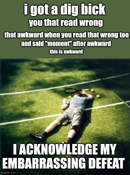 admit it, will you? | i got a dig bick; you that read wrong; that awkward when you read that wrong too; this is awkward; and said "moment" after awkward; I ACKNOWLEDGE MY EMBARRASSING DEFEAT | image tagged in tennis player dies,you got that wrong | made w/ Imgflip meme maker