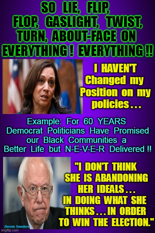 DO WHAT IT TAKES TO WIN THE VOTES . . . (LIAR - JELLY ROLL '24) | SO   LIE,   FLIP,   FLOP,   GASLIGHT,   TWIST, TURN,  ABOUT-FACE  ON 
EVERYTHING !  EVERYTHING !! I  HAVEN'T Changed  my  Position  on  my  policies . . . Example:  For  60  YEARS  Democrat  Politicians  Have  Promised our  Black  Communities  a  Better  Life  but  N-E-V-E-R  Delivered !! "I  DON'T  THINK  SHE  IS  ABANDONING  HER  IDEALS . . . IN  DOING  WHAT  SHE  THINKS . . . IN  ORDER  TO  WIN  THE  ELECTION."; Bernie Sanders | image tagged in kamala harris,lies,backflips,decepticons,msm lies,protection | made w/ Imgflip meme maker