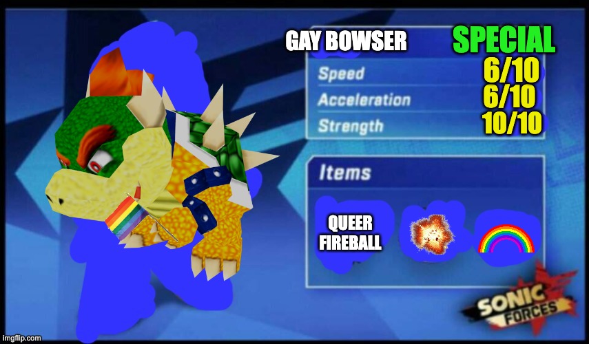 [UPDATED] Sonic Forces Meme Battle | SPECIAL; GAY BOWSER; 6/10; 6/10; 10/10; QUEER FIREBALL | image tagged in updated sonic forces meme battle | made w/ Imgflip meme maker