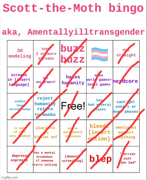 The bragging rights I have for being diagnosed with depression is sad | image tagged in scott the moth bingo | made w/ Imgflip meme maker