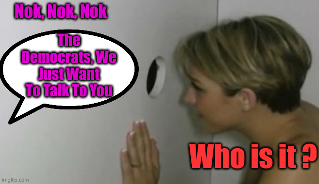 Don't Answer, You'll Thank Me Later | Nok, Nok, Nok; The Democrats, We Just Want To Talk To You; Who is it ? | image tagged in political meme,politics,funny memes,funny | made w/ Imgflip meme maker