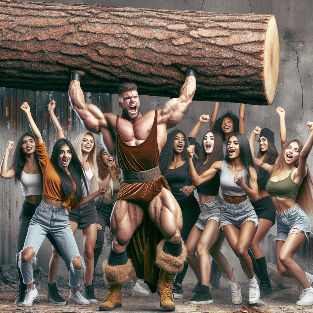 strongman lifts a tree as young women cheer Blank Meme Template