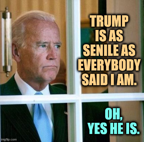 One old man. The other man is old, too. | TRUMP IS AS SENILE AS EVERYBODY SAID I AM. OH, YES HE IS. | image tagged in sad joe biden,trump,old,senile,alzheimers | made w/ Imgflip meme maker