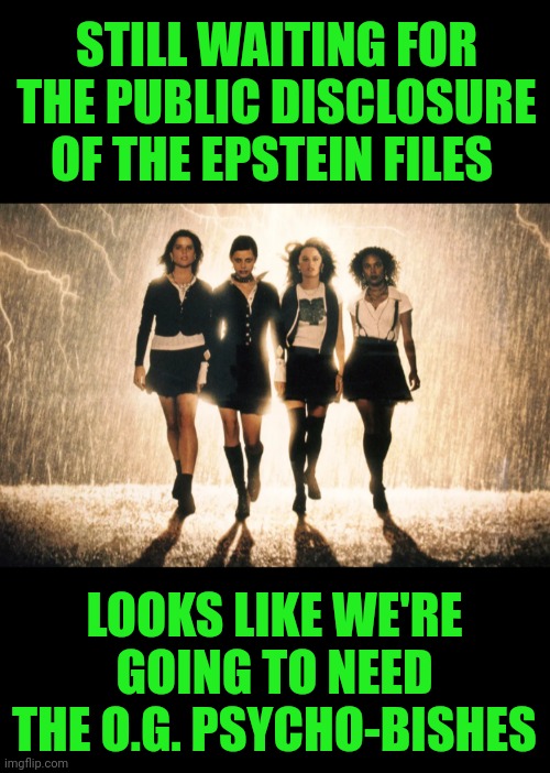 Funny | STILL WAITING FOR THE PUBLIC DISCLOSURE OF THE EPSTEIN FILES; LOOKS LIKE WE'RE GOING TO NEED THE O.G. PSYCHO-BISHES | image tagged in funny,epstein,public,exposed,psycho,bitch | made w/ Imgflip meme maker