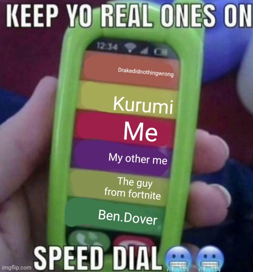 keep yo real ones on speed dial | Drakedidnothingwrong; Kurumi; Me; My other me; The guy from fortnite; Ben.Dover | image tagged in keep yo real ones on speed dial | made w/ Imgflip meme maker