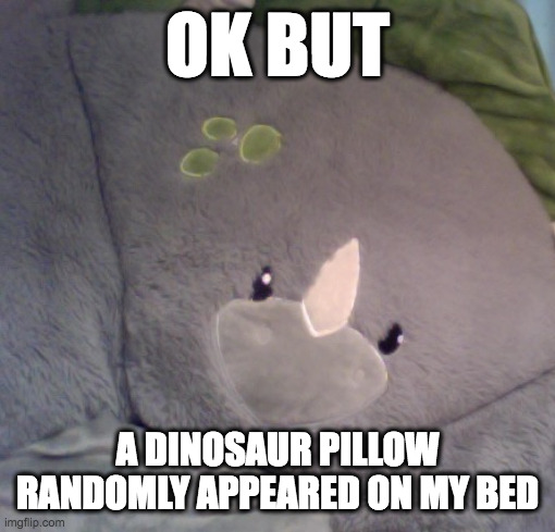 OK BUT; A DINOSAUR PILLOW RANDOMLY APPEARED ON MY BED | made w/ Imgflip meme maker