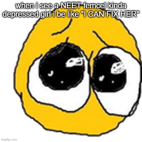 Cursed pleading emojii | when i see a NEET femcel kinda depressed girl i be like "I CAN FIX HER" | image tagged in cursed pleading emojii | made w/ Imgflip meme maker