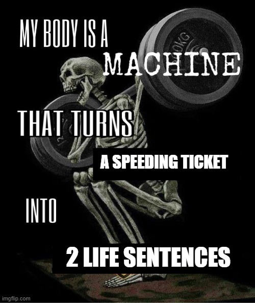 My body is machine | A SPEEDING TICKET; 2 LIFE SENTENCES | image tagged in my body is machine | made w/ Imgflip meme maker