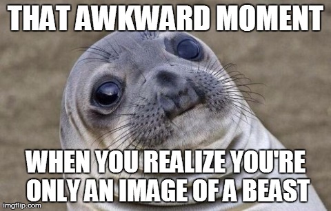 Awkward Moment Sealion Meme | THAT AWKWARD MOMENT WHEN YOU REALIZE YOU'RE ONLY AN IMAGE OF A BEAST | image tagged in memes,awkward moment sealion | made w/ Imgflip meme maker