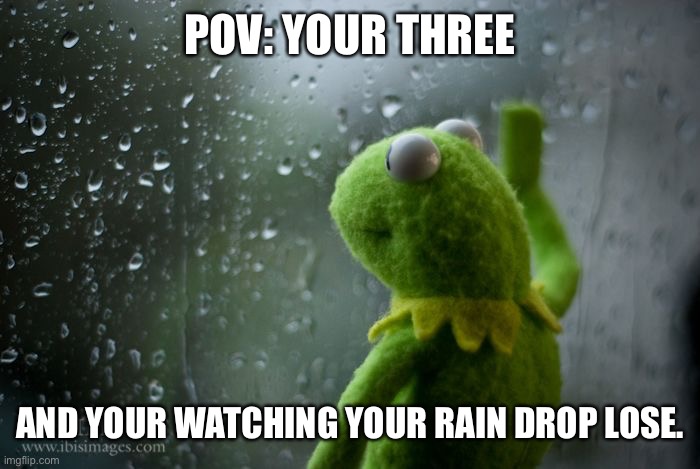 kermit window | POV: YOUR THREE; AND YOUR WATCHING YOUR RAIN DROP LOSE. | image tagged in kermit window | made w/ Imgflip meme maker