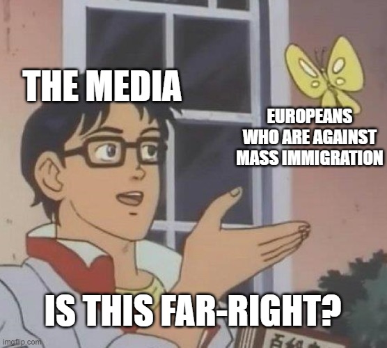 Auslander Raus! | THE MEDIA; EUROPEANS WHO ARE AGAINST MASS IMMIGRATION; IS THIS FAR-RIGHT? | image tagged in memes,is this a pigeon,immigration,politics | made w/ Imgflip meme maker