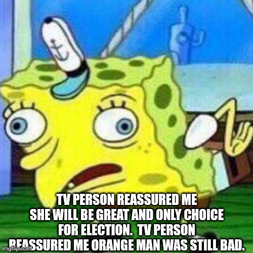 triggerpaul | TV PERSON REASSURED ME SHE WILL BE GREAT AND ONLY CHOICE FOR ELECTION.  TV PERSON REASSURED ME ORANGE MAN WAS STILL BAD. | image tagged in triggerpaul | made w/ Imgflip meme maker