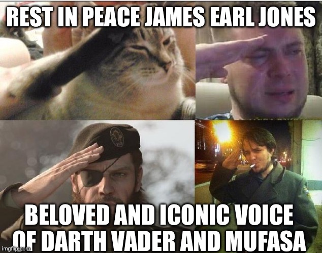 He just died :( | REST IN PEACE JAMES EARL JONES; BELOVED AND ICONIC VOICE OF DARTH VADER AND MUFASA | image tagged in sad salute | made w/ Imgflip meme maker