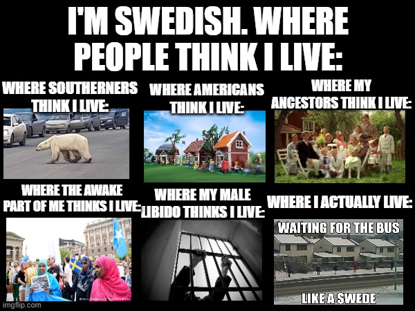 I'm Swedish. This is Where people think I live | I'M SWEDISH. WHERE PEOPLE THINK I LIVE:; WHERE MY ANCESTORS THINK I LIVE:; WHERE AMERICANS THINK I LIVE:; WHERE SOUTHERNERS THINK I LIVE:; WHERE THE AWAKE PART OF ME THINKS I LIVE:; WHERE MY MALE LIBIDO THINKS I LIVE:; WHERE I ACTUALLY LIVE: | image tagged in sweden,swedish,countries,north | made w/ Imgflip meme maker