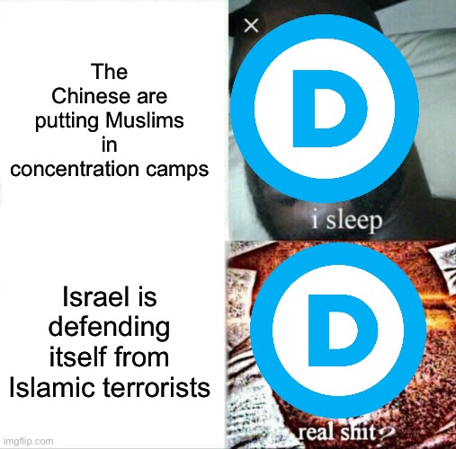 Hypocrisy | The Chinese are putting Muslims in concentration camps; Israel is defending itself from Islamic terrorists | image tagged in memes,sleeping shaq,israel,china | made w/ Imgflip meme maker