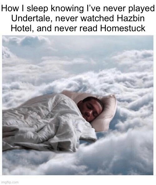 How I sleep knowing | How I sleep knowing I’ve never played
Undertale, never watched Hazbin
Hotel, and never read Homestuck | image tagged in how i sleep knowing | made w/ Imgflip meme maker