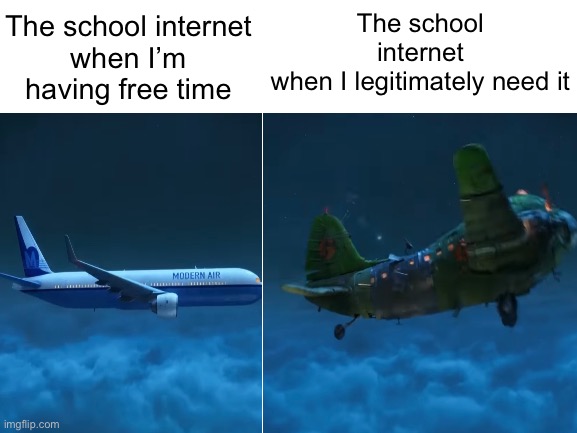 Am I meme farming? Is this meme relatable? | The school internet
when I’m having free time; The school internet
when I legitimately need it | image tagged in blank white template,school,plane | made w/ Imgflip meme maker