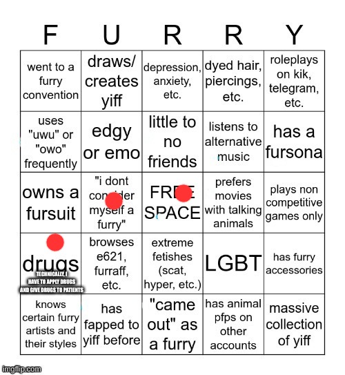 Furry Bingo V2 | TECHNICALLY, I HAVE TO APPLY DRUGS AND GIVE DRUGS TO PATIENTS | image tagged in furry bingo v2 | made w/ Imgflip meme maker