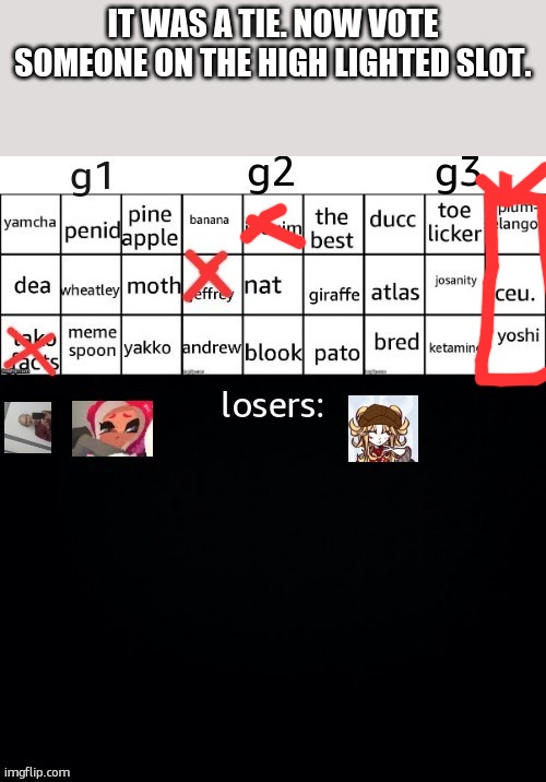 IT WAS A TIE. NOW VOTE SOMEONE ON THE HIGH LIGHTED SLOT. | made w/ Imgflip meme maker