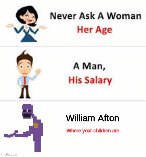 fnaf | William Afton; Where your children are | image tagged in never ask a woman her age,fnaf,purple guy | made w/ Imgflip meme maker