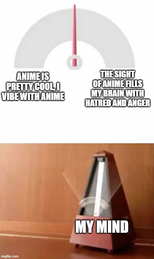 no offense to anime fans | THE SIGHT OF ANIME FILLS MY BRAIN WITH HATRED AND ANGER; ANIME IS PRETTY COOL, I VIBE WITH ANIME; MY MIND | image tagged in metronome,anime,anime meme | made w/ Imgflip meme maker