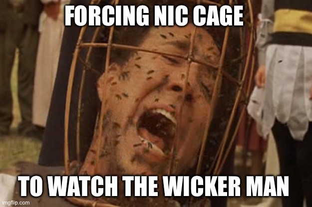 Not the bees | FORCING NIC CAGE; TO WATCH THE WICKER MAN | image tagged in not the bees | made w/ Imgflip meme maker