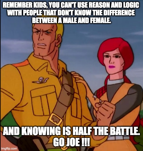 GI Joe reasoning with people | REMEMBER KIDS, YOU CAN'T USE REASON AND LOGIC 
WITH PEOPLE THAT DON'T KNOW THE DIFFERENCE 
BETWEEN A MALE AND FEMALE. AND KNOWING IS HALF THE BATTLE.
GO JOE !!! | image tagged in gi joe so hot right now united we stand fight | made w/ Imgflip meme maker