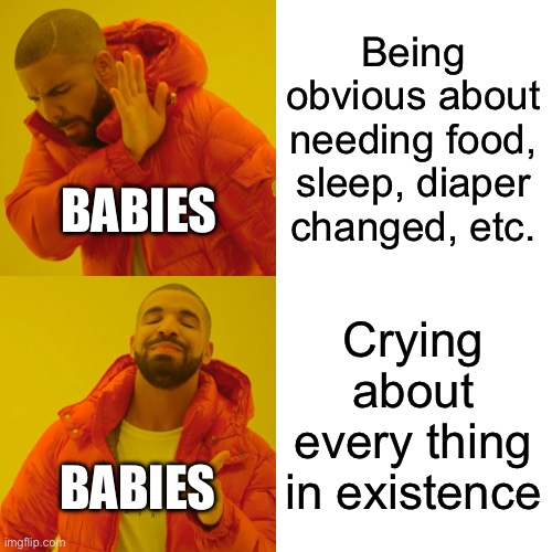 They literally cry about everything | Being obvious about needing food, sleep, diaper changed, etc. BABIES; Crying about every thing in existence; BABIES | image tagged in memes,drake hotline bling | made w/ Imgflip meme maker