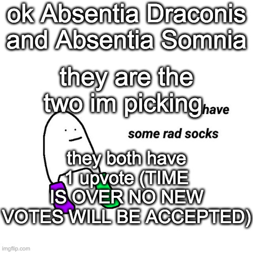 rad socks but your life isnt falling apart | ok Absentia Draconis and Absentia Somnia; they are the two im picking; they both have 1 upvote (TIME IS OVER NO NEW VOTES WILL BE ACCEPTED) | image tagged in rad socks but your life isnt falling apart | made w/ Imgflip meme maker