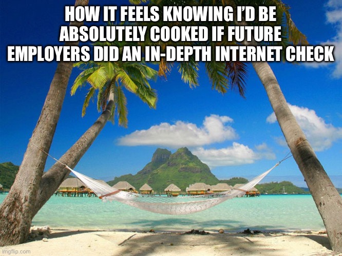 Tropical Paradise | HOW IT FEELS KNOWING I’D BE ABSOLUTELY COOKED IF FUTURE EMPLOYERS DID AN IN-DEPTH INTERNET CHECK | image tagged in tropical paradise | made w/ Imgflip meme maker