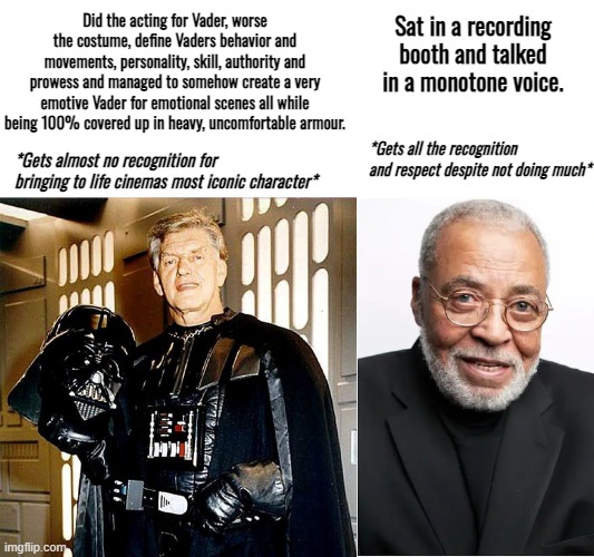 Sad that JEJ is gone but he was NOT Darth Vader as even he himself admitted. JEJ was humble like that and knew Prowse was Vader. | Did the acting for Vader, worse the costume, define Vaders behavior and movements, personality, skill, authority and prowess and managed to somehow create a very emotive Vader for emotional scenes all while being 100% covered up in heavy, uncomfortable armour. Sat in a recording booth and talked in a monotone voice. *Gets all the recognition and respect despite not doing much*; *Gets almost no recognition for bringing to life cinemas most iconic character* | image tagged in star wars,darth vader,dave prowse,james earl jones,memes,rip two both these men | made w/ Imgflip meme maker