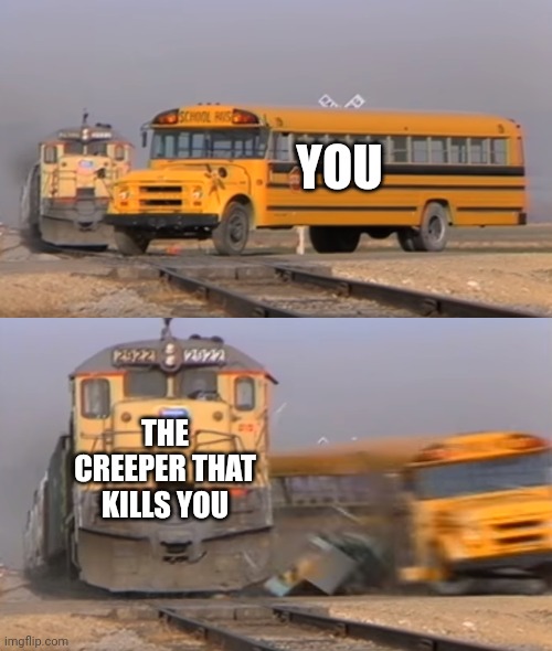 A train hitting a school bus | YOU; THE CREEPER THAT KILLS YOU | image tagged in a train hitting a school bus | made w/ Imgflip meme maker