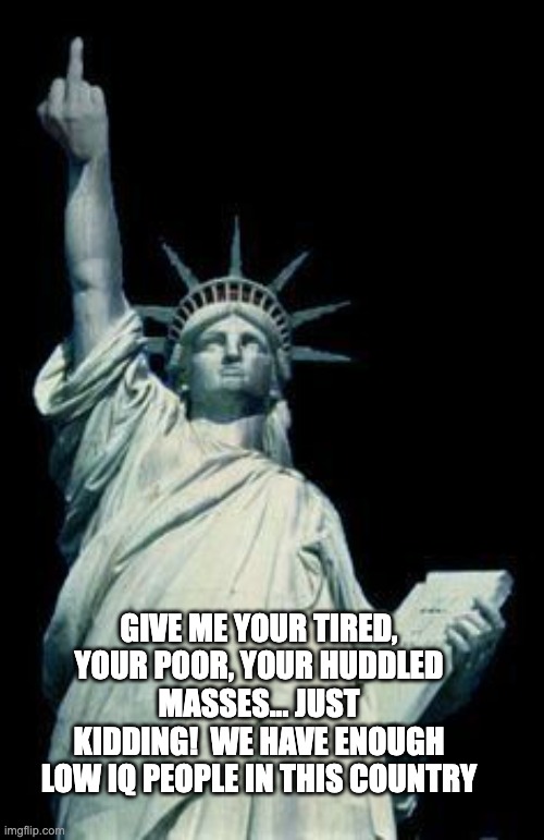 The New Statue of Liberty | GIVE ME YOUR TIRED, YOUR POOR, YOUR HUDDLED MASSES... JUST KIDDING!  WE HAVE ENOUGH LOW IQ PEOPLE IN THIS COUNTRY | image tagged in statue of liberty,middle school,immigrants | made w/ Imgflip meme maker