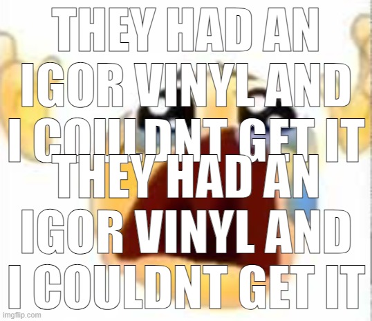 I do NOT have vinyl money. | THEY HAD AN IGOR VINYL AND I COULDNT GET IT; THEY HAD AN IGOR VINYL AND I COULDNT GET IT | image tagged in crying emoji | made w/ Imgflip meme maker