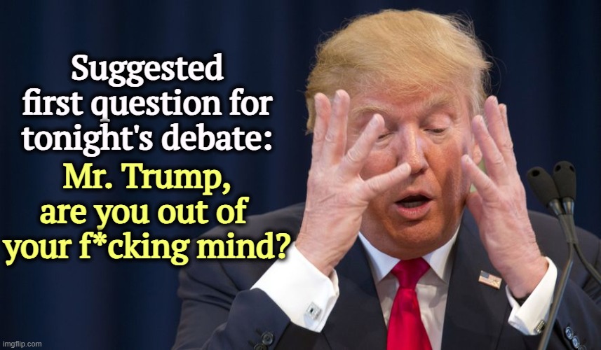 Answer: yes. | Suggested first question for tonight's debate:; Mr. Trump, are you out of 
your f*cking mind? | image tagged in trump scared,trump,insane,senile,dementia,crazy | made w/ Imgflip meme maker