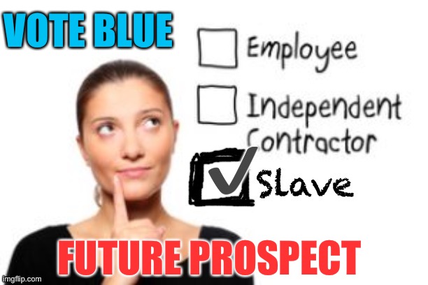 PSA | VOTE BLUE; ✔️; FUTURE PROSPECT | image tagged in employee independent contractor slave | made w/ Imgflip meme maker