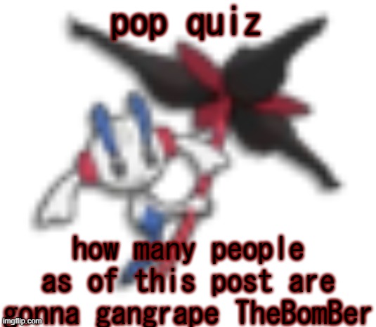 144p floette | pop quiz; how many people as of this post are gonna gangrape TheBomBer | image tagged in 144p floette | made w/ Imgflip meme maker