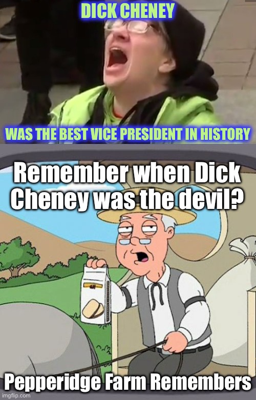 My How Times Have Changed | DICK CHENEY; WAS THE BEST VICE PRESIDENT IN HISTORY; Remember when Dick Cheney was the devil? Pepperidge Farm Remembers | image tagged in screaming liberal,memes,pepperidge farm remembers,election 2024,liberal logic,liberal hypocrisy | made w/ Imgflip meme maker