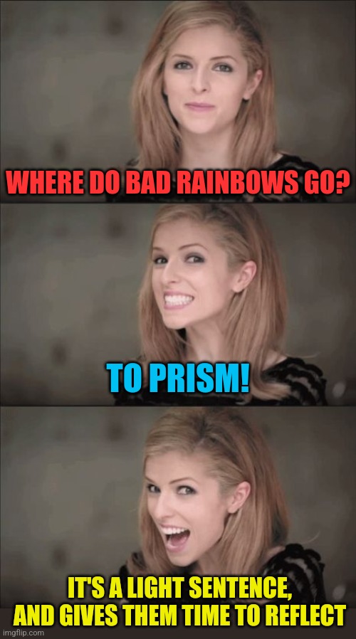 Colorful Record | WHERE DO BAD RAINBOWS GO? TO PRISM! IT'S A LIGHT SENTENCE, AND GIVES THEM TIME TO REFLECT | image tagged in memes,bad pun anna kendrick,bad,rainbows,prism,time | made w/ Imgflip meme maker