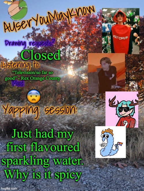 I’m drinking it with a stitch silly straw | Closed; “Television/so far so good” - Rex Orange County; 😨; Just had my first flavoured sparkling water. Why is it spicy | image tagged in auymk fall 2024 | made w/ Imgflip meme maker