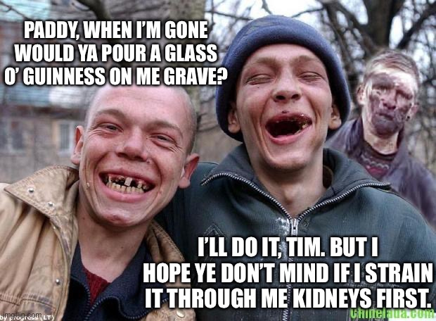 Irish kids | PADDY, WHEN I’M GONE WOULD YA POUR A GLASS O’ GUINNESS ON ME GRAVE? I’LL DO IT, TIM. BUT I HOPE YE DON’T MIND IF I STRAIN IT THROUGH ME KIDNEYS FIRST. | image tagged in irish kids | made w/ Imgflip meme maker