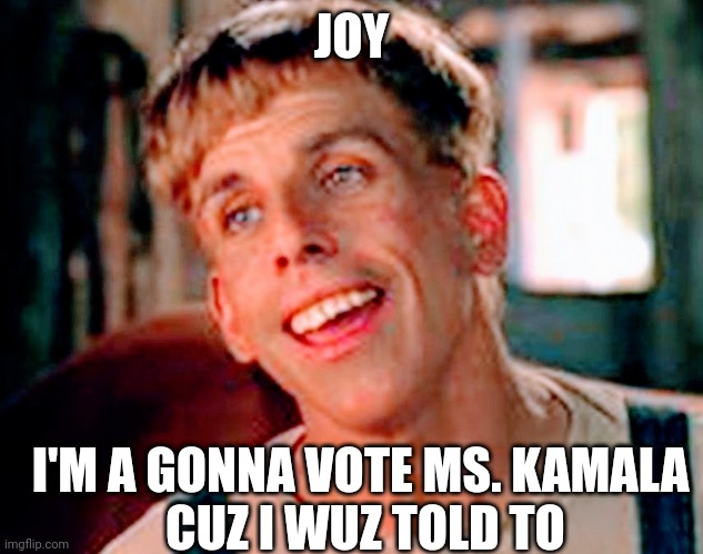 JOY I'M A GONNA VOTE MS. KAMALA
 CUZ I WUZ TOLD TO | made w/ Imgflip meme maker