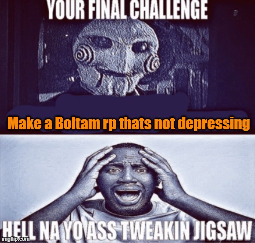 your final challenge | Make a Boltam rp thats not depressing | image tagged in your final challenge | made w/ Imgflip meme maker