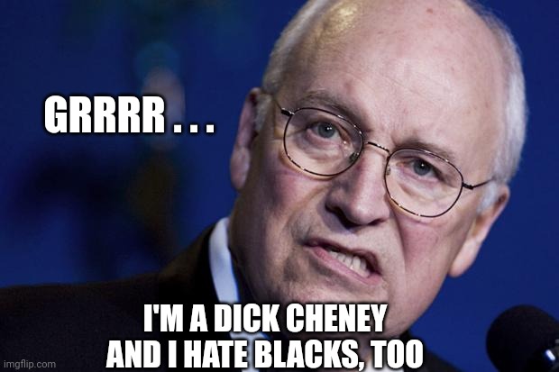 scumbag dick cheney | GRRRR . . . I'M A DICK CHENEY
AND I HATE BLACKS, TOO | image tagged in scumbag dick cheney | made w/ Imgflip meme maker