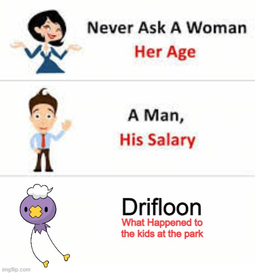 Drifloon at the park | Drifloon; What Happened to the kids at the park | image tagged in never ask a woman her age | made w/ Imgflip meme maker