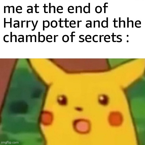 me at the end of...part 2 | me at the end of Harry potter and thhe chamber of secrets : | image tagged in memes,surprised pikachu | made w/ Imgflip meme maker