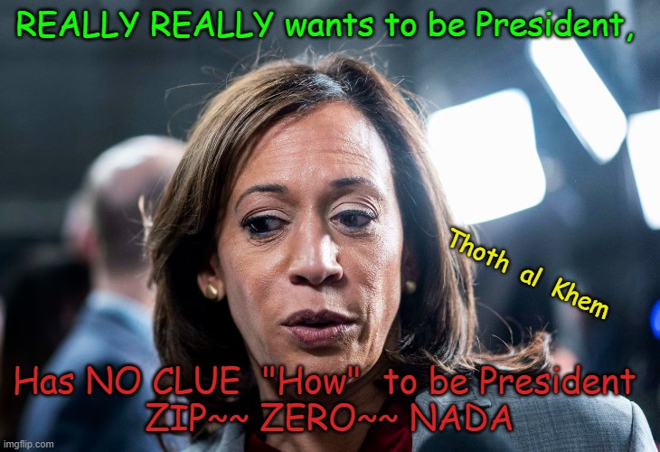 KAMALA HAS NO CLUE WHAT TO DO | REALLY REALLY wants to be President, Thoth  al  Khem; Has NO CLUE  "How"  to be President 
ZIP~~ ZERO~~ NADA | image tagged in kamala,kamala harris not smart,sad,usa is doomed,trump 2024,kamala will destroy the usa | made w/ Imgflip meme maker